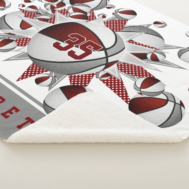 maroon grey sports decor girls basketballs stars sherpa blanket (3/4)