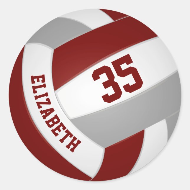 maroon grey team colours girls boys volleyball classic round sticker (Front)