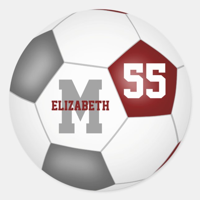 maroon grey team colours soccer ball personalised classic round sticker (Front)