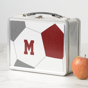 maroon grey team colours soccer player monogrammed metal lunch box