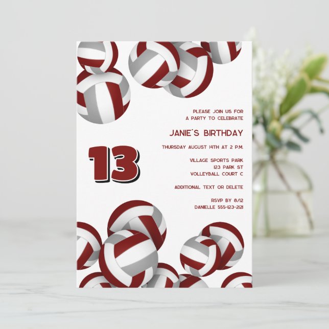 maroon grey team colours volleyballs kids birthday invitation (Standing Front)