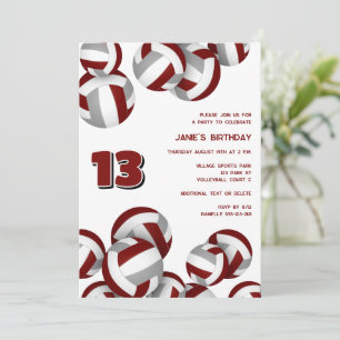maroon grey team colours volleyballs kids birthday invitation