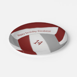 Maroon grey teen volleyball party paper plate