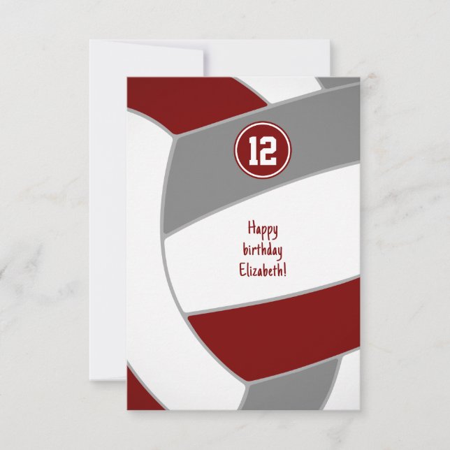 maroon grey volleyball birthday or congratulations card (Front)