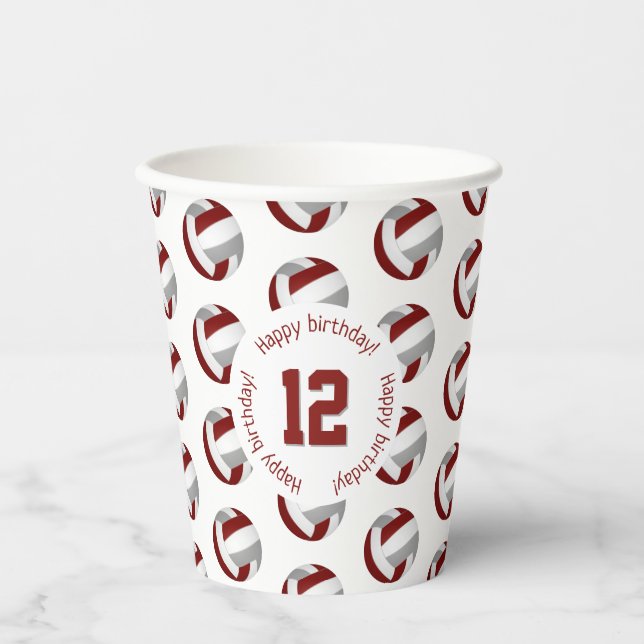 maroon grey volleyballs birthday party paper cups (Front)