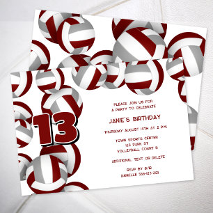 maroon grey volleyballs girls boys birthday party invitation