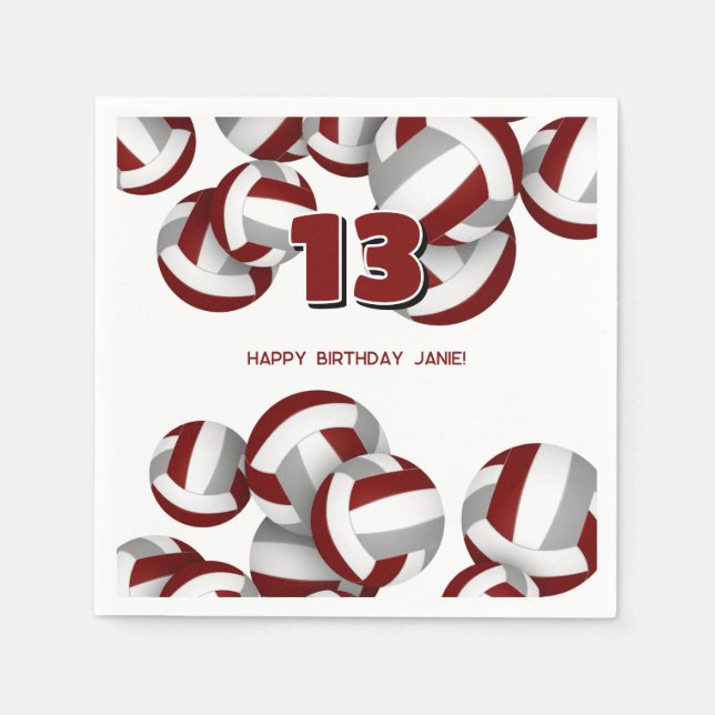 maroon grey volleyballs girls boys birthday party napkin (Front)