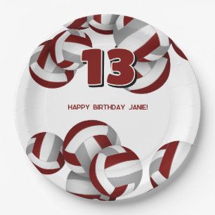 maroon grey volleyballs girls boys birthday party paper plate
