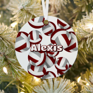 maroon grey volleyballs with athlete name keepsake metal tree decoration