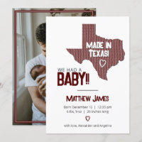 Maroon Herringbone Made in Texas Photo Baby Announ