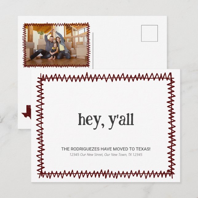 Maroon Hey Y'all - Moved to Texas Postcard (Front/Back)