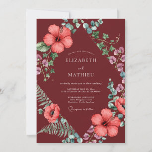 Maroon Hibiscus Tropical Eucalyptus Wedding Invitation