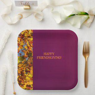 Maroon Leaves Thanksgiving Friendsgiving Paper Plate