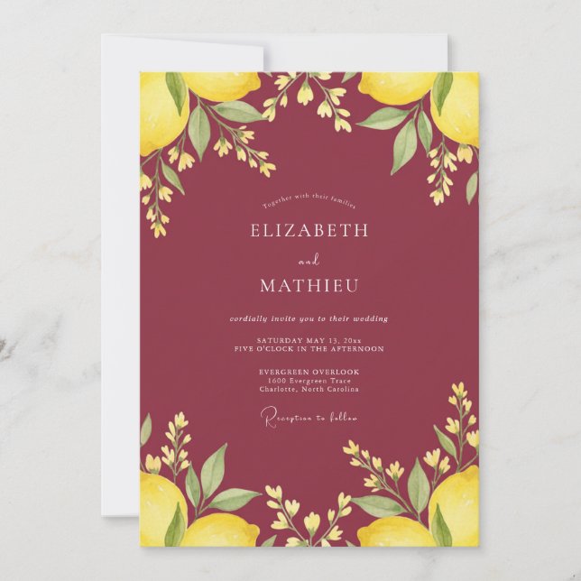Maroon Lemon Eucalyptus Wedding Invitation (Front)