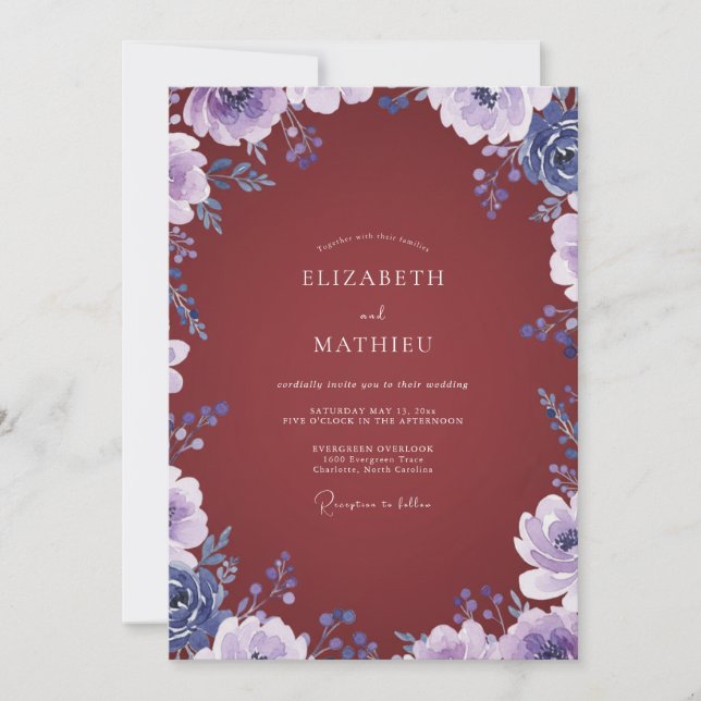 Maroon Lilac Wildflower Wedding Invitation (Front)