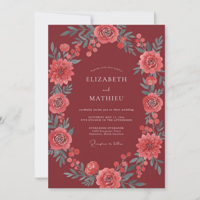 Maroon Majestic Floral Wedding Invitation (Front)