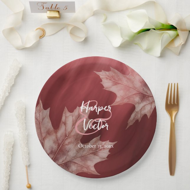 maroon maple leaves fall wedding paper plate (Wedding)