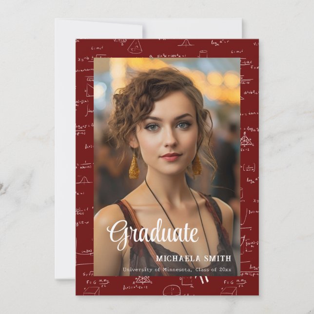 Maroon Math College Script Photo Graduation Announcement (Front)