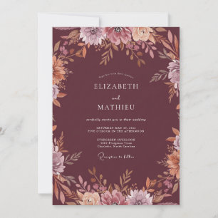 Maroon Mauve Watercolor Wedding Invitation