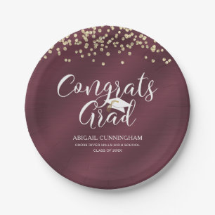 Maroon Metallic CONGRATS GRAD Confetti Personalise Paper Plate