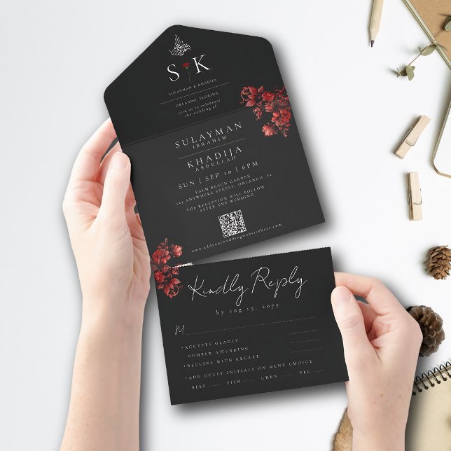 Maroon Minimal Elegant B&W Islamic Muslim Wedding All In One Invitation (Creator Uploaded)