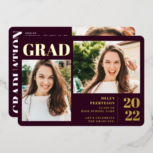 Maroon minimalist modern 3 photos graduation (Front/Back)