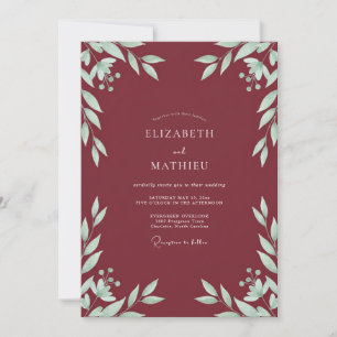 Maroon Mint Leaf Wedding Invitation