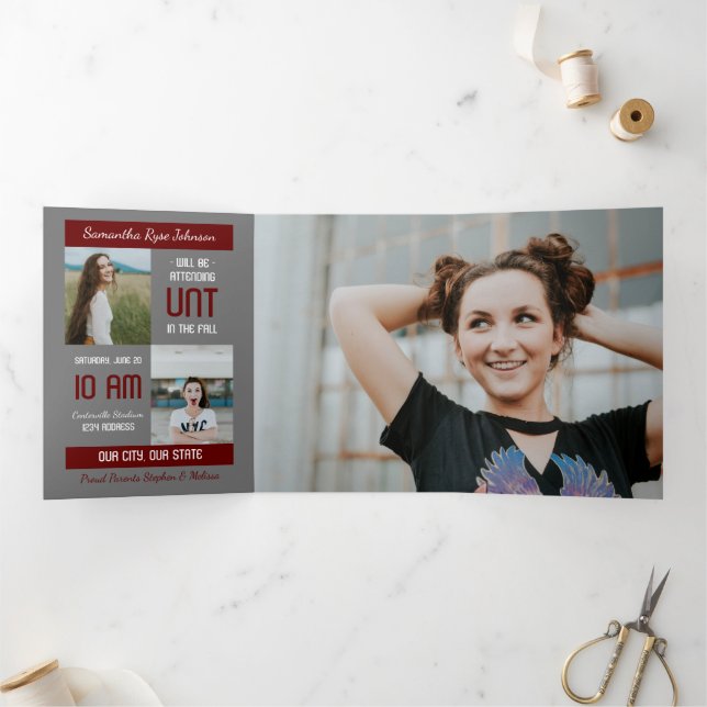 Maroon Modern Block 5-Photo Graduation Tri-Fold Invitation (Inside)