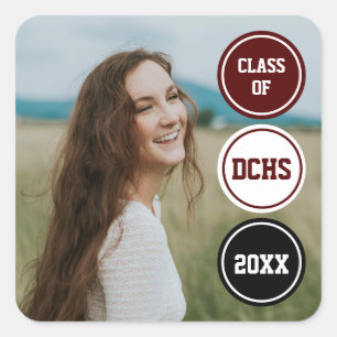 Maroon Modern Circles Photo Graduation Square Sticker