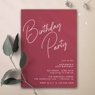 Maroon   Modern Typography Burgundy Red Birthday Invitation