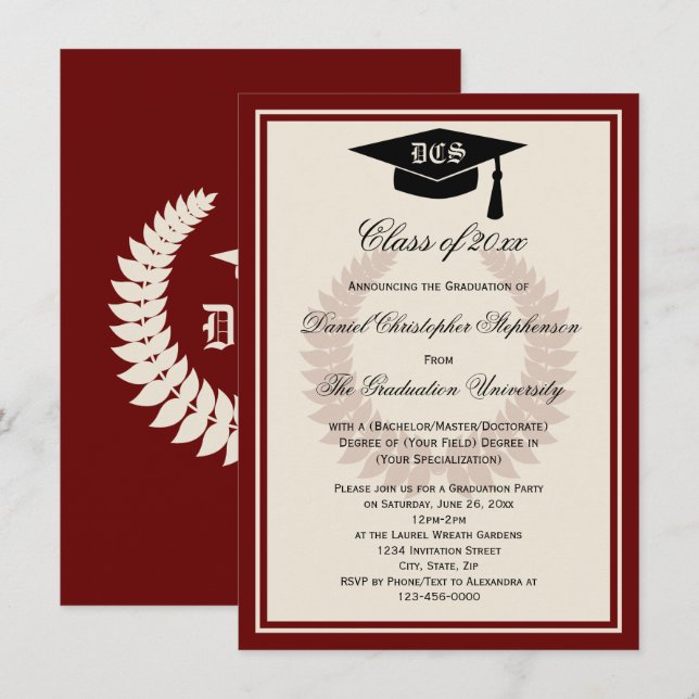 Maroon Monogram Laurel Classic College Graduation Invitation (Front/Back)