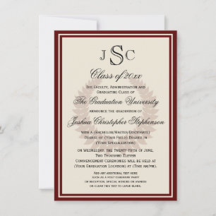 Maroon Monogram Laurel Classic College Graduation Invitation