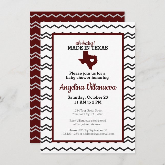 Maroon Oh Baby! Chevron Made in Texas Shower Invitation (Front/Back)