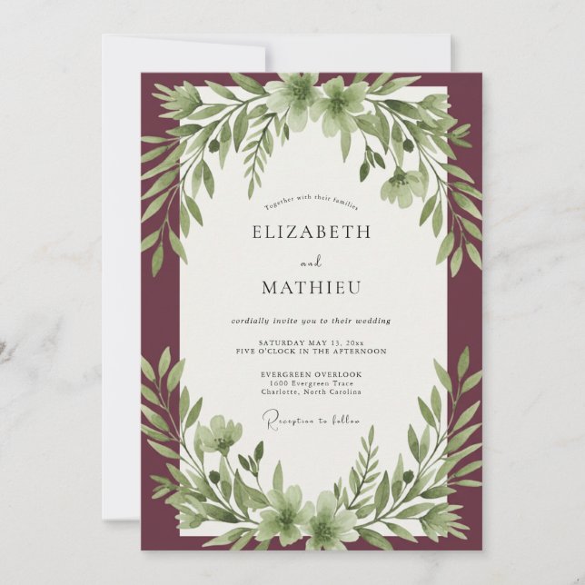 Maroon Olive Leaf Wedding Invitation (Front)