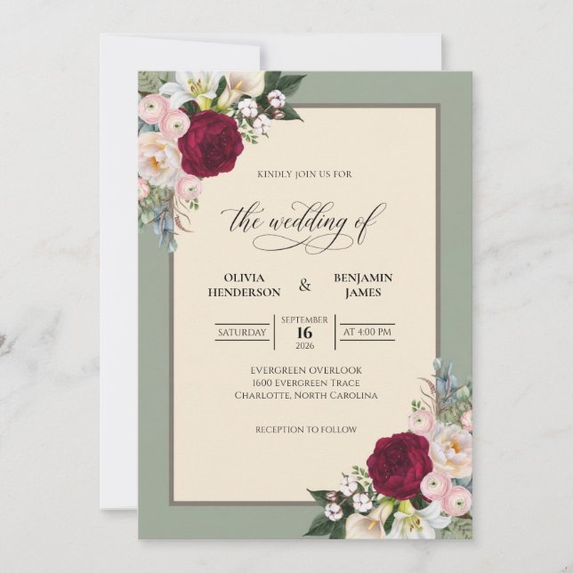 Maroon Olive Sprig Eucalyptus Wedding Invitation (Front)