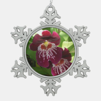 Maroon Orchids II Elegant Floral Snowflake Pewter Christmas Ornament