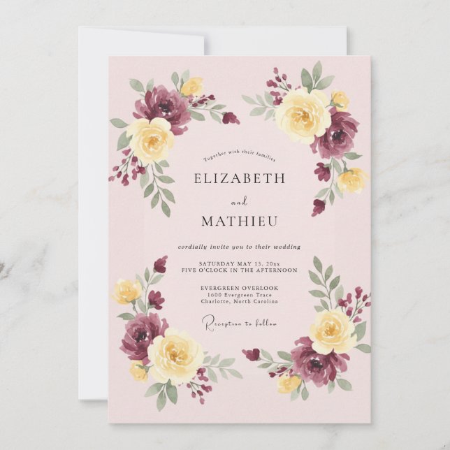 Maroon Ornate Botanical Wedding Invitation (Front)