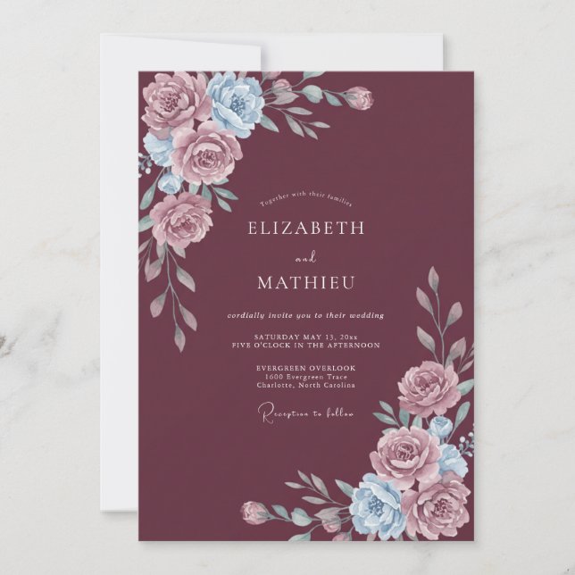 Maroon Painted Ranunculus Wedding Invitation (Front)