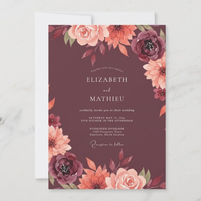 Maroon Painterly Blossom Wedding Invitation (Front)