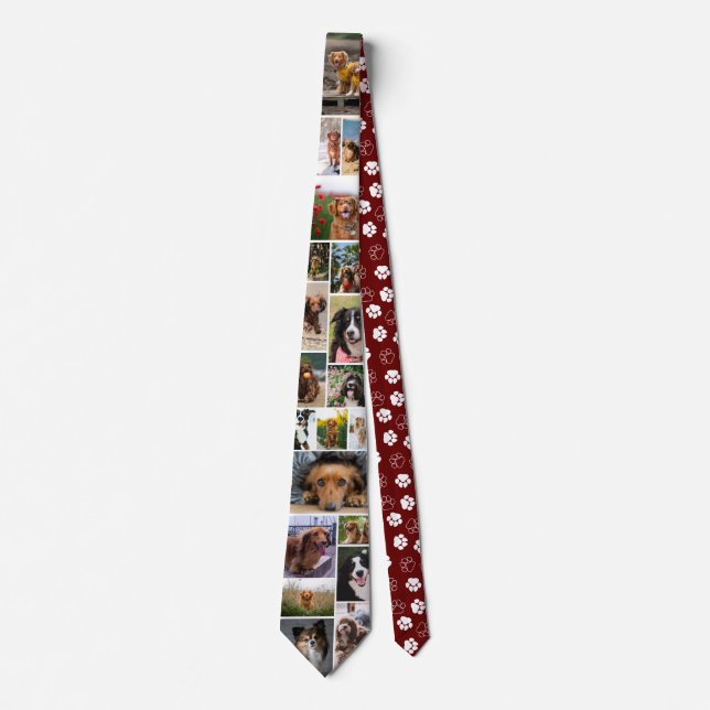 Maroon Paw Print Pattern Dog Photo Collage Tie (Front)
