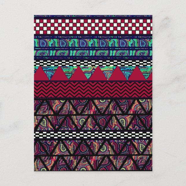 Maroon Peacock Boho Tribal Stripes Pattern Postcard (Front)