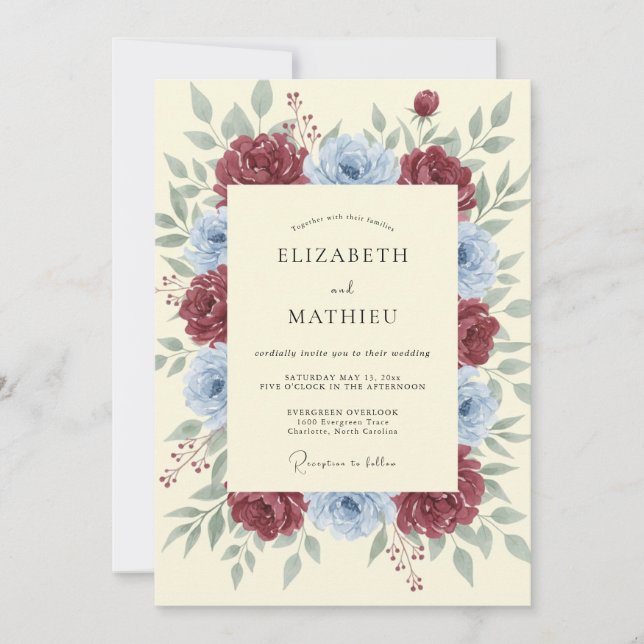 Maroon Peony Wreath Wedding Invitation (Front)