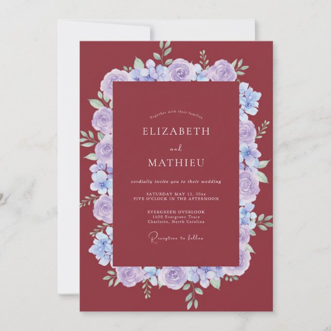 Maroon Periwinkle Petal Wedding Invitation (Front)
