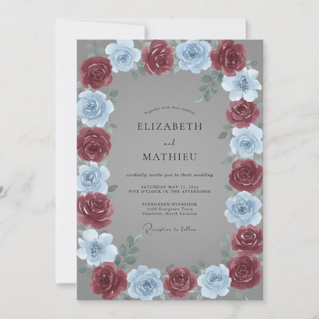 Maroon Periwinkle Rose Wedding Invitation (Front)