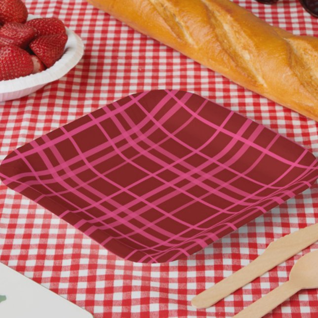 Maroon Pink Check Grid Plaid Design  Paper Plate (Creator Uploaded)