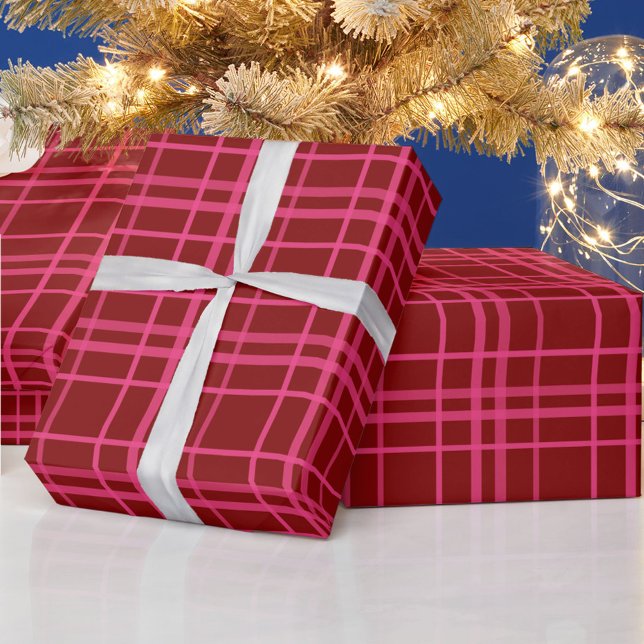 Maroon Pink Check Grid Plaid Design  Wrapping Paper (Creator Uploaded)