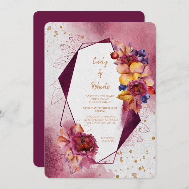 Maroon Pink Floral Modern Geometric Frame Wedding Invitation (Front/Back)