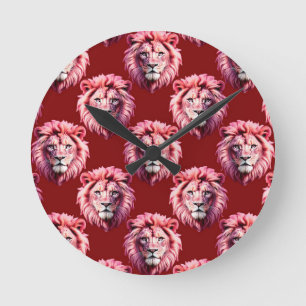 Maroon Pink Lion Head Design Round Clock