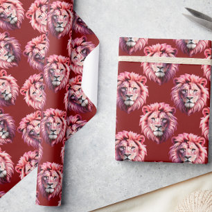 Maroon Pink Lion Head Design Wrapping Paper