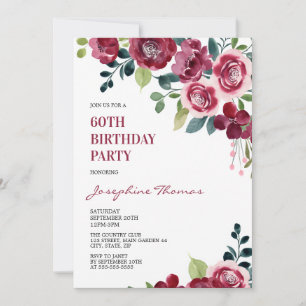 Maroon Pink Rose Floral Greenery Birthday Invitation